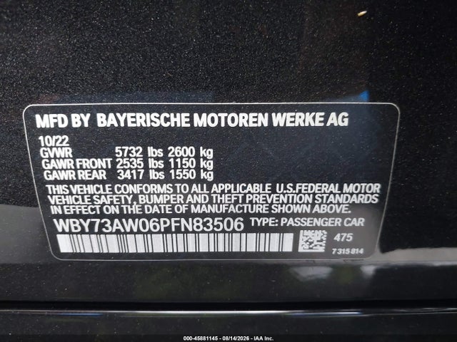 Aukcja sprzedaży 2023 Bmw I4 Edrive40, vin: WBY73AW06PFN83506, numer aukcji: 45881145