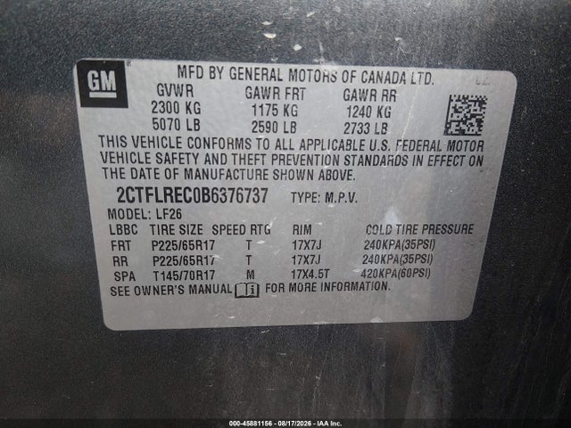 45881156 :رقم المزاد ، 2CTFLREC0B6376737 vin ، 2011 Gmc Terrain Sle-1 مزاد بيع