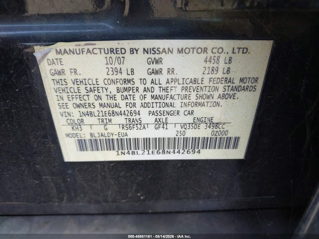 Aukcja sprzedaży 2008 Nissan Altima 3.5 Se, vin: 1N4BL21E68N442694, numer aukcji: 45881161