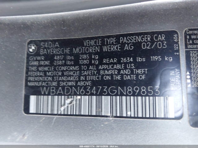45881174 :رقم المزاد ، WBADN63473GN89853 vin ، 2003 Bmw 540ia مزاد بيع