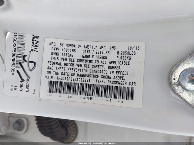 Aukcja sprzedaży 2016 Honda Accord Sport, vin: 1HGCR2F58GA052354, numer aukcji: 45881191