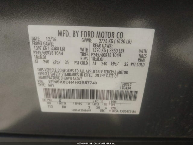 Продаж на аукціоні авто 2017 Ford Explorer Xlt, vin: 1FM5K8DH4HGB57740, номер лоту: 45881194