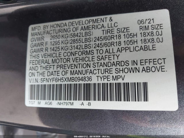 2021 Honda Pilot Awd Ex-l მანქანა იყიდება აუქციონზე, vin: 5FNYF6H5XMB094836, აუქციონის ნომერი: 45881212