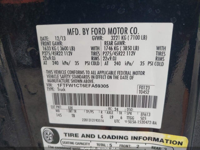 45881228 :رقم المزاد ، 1FTFW1CT6EFA59305 vin ، 2014 Ford F-150 Limited مزاد بيع