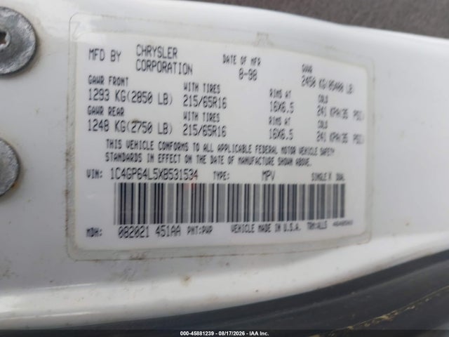 45881239 :رقم المزاد ، 1C4GP64L5XB531534 vin ، 1999 Chrysler Town & Country Limited مزاد بيع