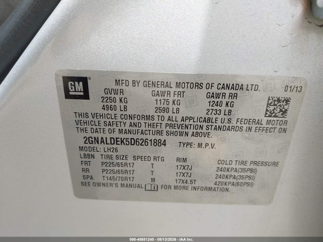 45881240 :رقم المزاد ، 2GNALDEK5D6261884 vin ، 2013 Chevrolet Equinox 1lt مزاد بيع