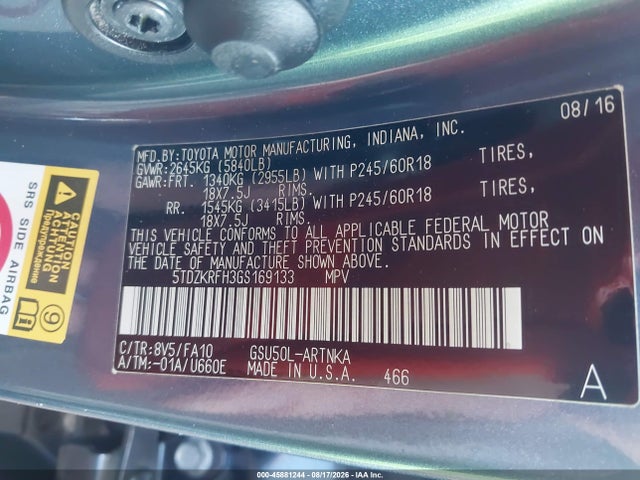 5TDZKRFH3GS169133 Toyota Highlander Le Plus V6