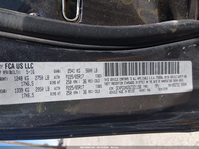 2016 Dodge Journey Se მანქანა იყიდება აუქციონზე, vin: 3C4PDDAG5GT221158, აუქციონის ნომერი: 45881245