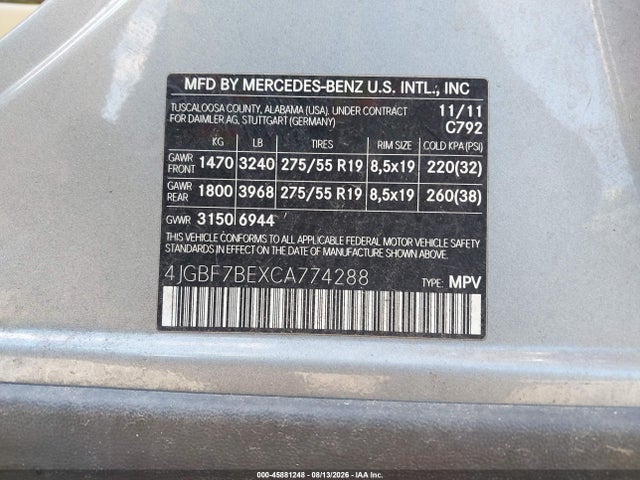 2012 Mercedes-benz Gl 450 4matic მანქანა იყიდება აუქციონზე, vin: 4JGBF7BEXCA774288, აუქციონის ნომერი: 45881248