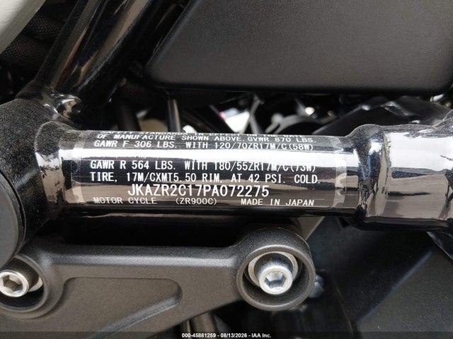 2023 Kawasaki Zr900 R მანქანა იყიდება აუქციონზე, vin: JKAZR2C17PA072275, აუქციონის ნომერი: 45881259