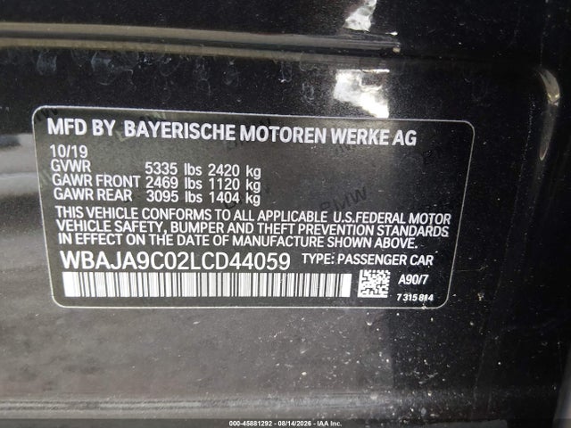 45881292 :رقم المزاد ، WBAJA9C02LCD44059 vin ، 2020 Bmw 5 Series 530e Iperformance مزاد بيع