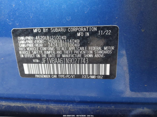 Продажа на аукционе авто 2022 Subaru Wrx, vin: JF1VBAA61N9027743, номер лота: 45881293