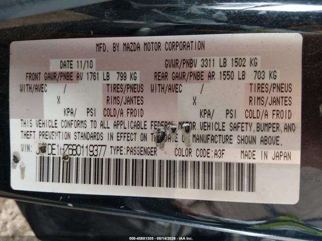 45881305 :رقم المزاد ، JM1DE1HZ6B0119377 vin ، 2011 Mazda Mazda2 Sport مزاد بيع