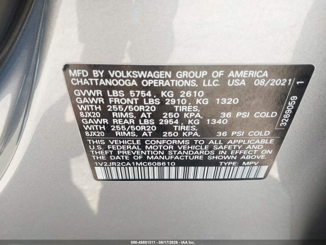 1V2JR2CA1MC608610 Volkswagen Atlas 3.6l V6 Se W/technology