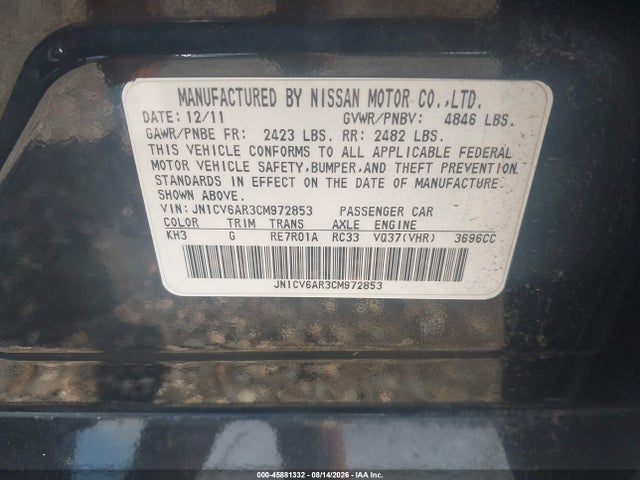 Aukcja sprzedaży 2012 Infiniti G37x, vin: JN1CV6AR3CM972853, numer aukcji: 45881332