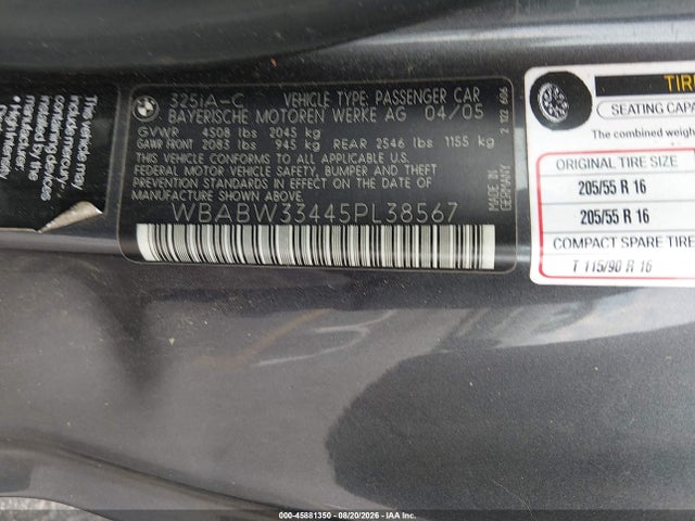 45881350 :رقم المزاد ، WBABW33445PL38567 vin ، 2005 Bmw 325ci مزاد بيع