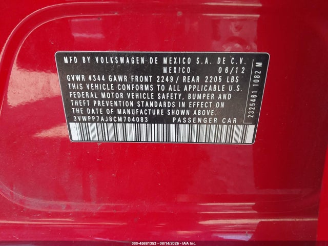 Aukcja sprzedaży 2012 Volkswagen Jetta Sportwagen 2.5l S, vin: 3VWPP7AJ8CM704083, numer aukcji: 45881353