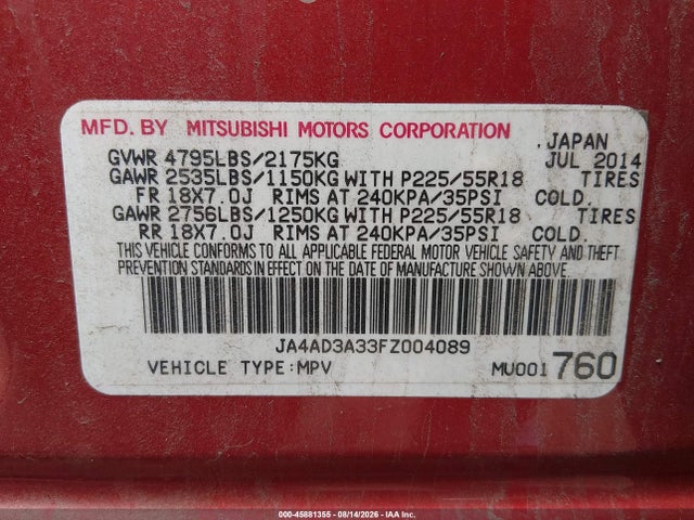 45881355 :رقم المزاد ، JA4AD3A33FZ004089 vin ، 2015 Mitsubishi Outlander Se مزاد بيع