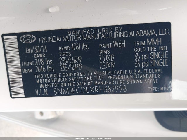 Продажа на аукционе авто 2024 Hyundai Tucson Limited, vin: 5NMJECDEXRH382998, номер лота: 45881357