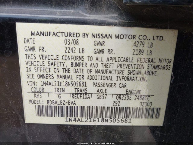 2008 Nissan Altima 2.5 S მანქანა იყიდება აუქციონზე, vin: 1N4AL21E18N505681, აუქციონის ნომერი: 45881374