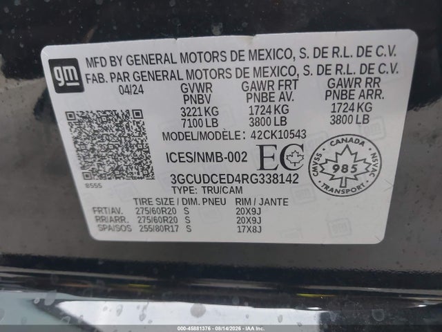 Продажа на аукционе авто 2024 Chevrolet Silverado 1500 Custom Trail Boss, vin: 3GCUDCED4RG338142, номер лота: 45881376
