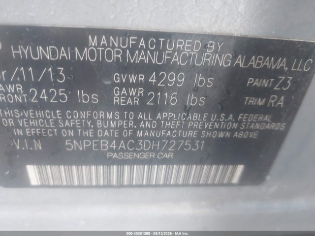 Продажа на аукционе авто 2013 Hyundai Sonata Gls, vin: 5NPEB4AC3DH727531, номер лота: 45881389