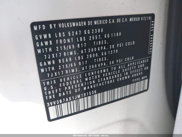45881415 :رقم المزاد ، 3VV3B7AX1JM191536 vin ، 2018 Volkswagen Tiguan 2.0t Se/2.0t Sel مزاد بيع