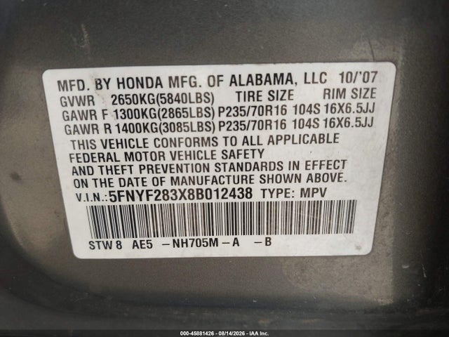 Auction sale of the 2008 Honda Pilot Se, vin: 5FNYF283X8B012438, lot number: 45881426