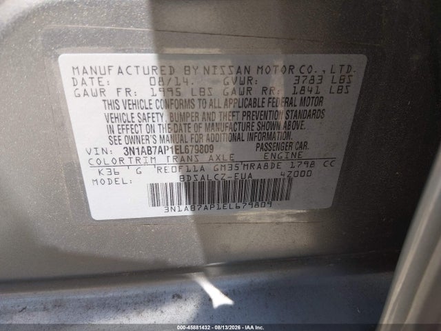 2014 Nissan Sentra S მანქანა იყიდება აუქციონზე, vin: 3N1AB7AP1EL679809, აუქციონის ნომერი: 45881432