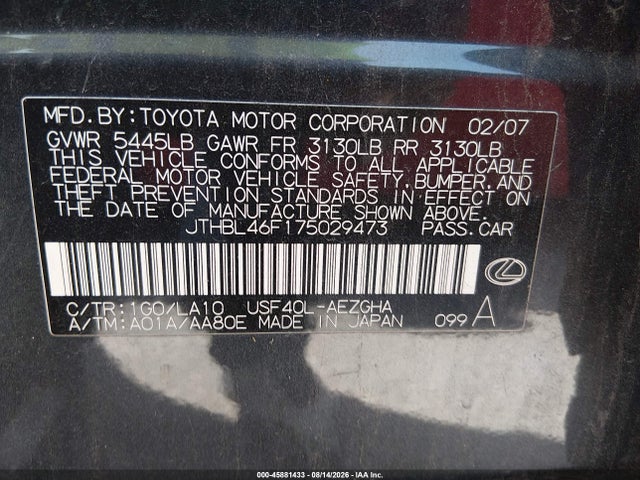 45881433 :رقم المزاد ، JTHBL46F175029473 vin ، 2007 Lexus Ls 460 مزاد بيع
