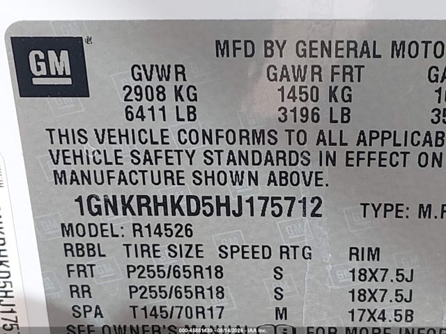 1GNKRHKD5HJ175712 Chevrolet Traverse Lt