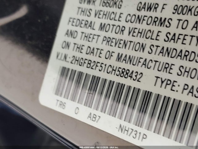 Продаж на аукціоні авто 2012 Honda Civic Lx, vin: 2HGFB2F51CH588432, номер лоту: 45881444