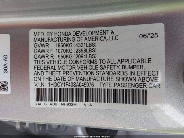 45881449 :رقم المزاد ، 1HGCY1F40SA045976 vin ، 2025 Honda Accord Se مزاد بيع