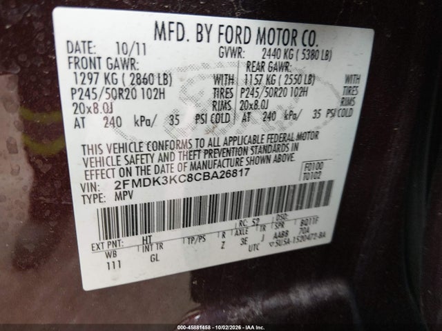 45881458 :رقم المزاد ، 2FMDK3KC8CBA26817 vin ، 2012 Ford Edge Limited مزاد بيع