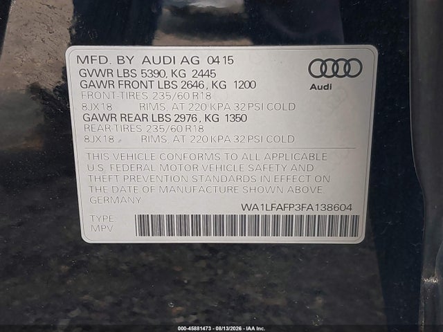 45881473 :رقم المزاد ، WA1LFAFP3FA138604 vin ، 2015 Audi Q5 Premium Plus مزاد بيع