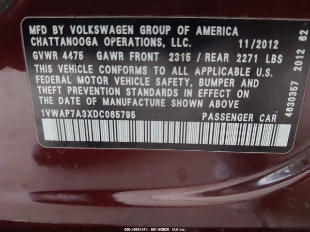 2013 Volkswagen Passat 2.5l S მანქანა იყიდება აუქციონზე, vin: 1VWAP7A3XDC065795, აუქციონის ნომერი: 45881474