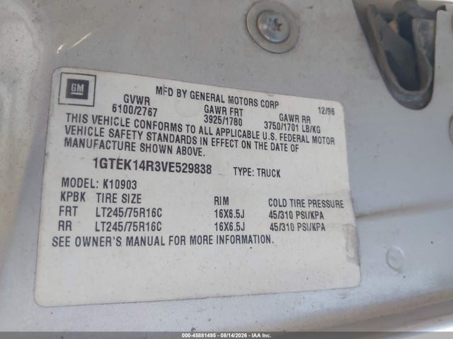 45881495 :رقم المزاد ، 1GTEK14R3VE529838 vin ، 1997 Gmc Sierra 1500 Sl Wideside مزاد بيع