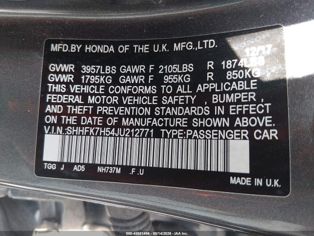 2018 Honda Civic Ex მანქანა იყიდება აუქციონზე, vin: SHHFK7H54JU212771, აუქციონის ნომერი: 45881496