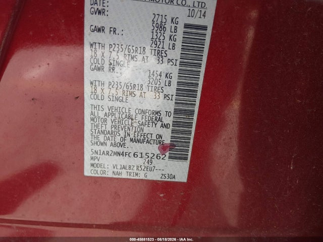 Продажа на аукционе авто 2015 Nissan Pathfinder S, vin: 5N1AR2MN4FC615262, номер лота: 45881523