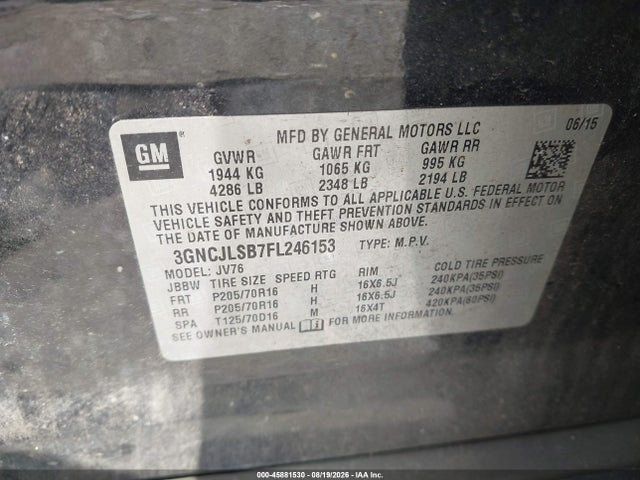 45881530 :رقم المزاد ، 3GNCJLSB7FL246153 vin ، 2015 Chevrolet Trax Lt مزاد بيع
