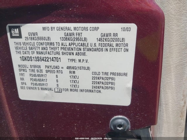 Продажа на аукционе авто 2004 Gmc Envoy Sle, vin: 1GKDS13S642214701, номер лота: 45881545