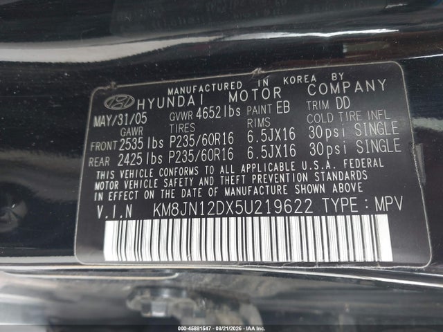 Aukcja sprzedaży 2005 Hyundai Tucson Gls/lx, vin: KM8JN12DX5U219622, numer aukcji: 45881547