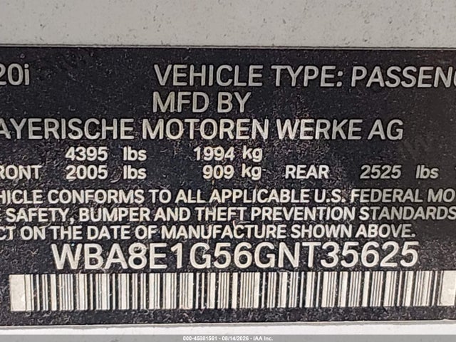 Aukcja sprzedaży 2016 Bmw 320i, vin: WBA8E1G56GNT35625, numer aukcji: 45881561