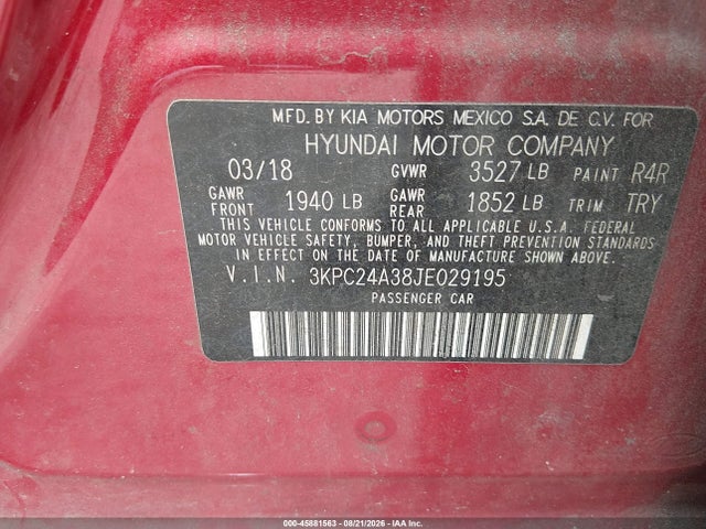 Продаж на аукціоні авто 2018 Hyundai Accent Se, vin: 3KPC24A38JE029195, номер лоту: 45881563