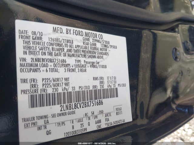45881577 :رقم المزاد ، 2LNBL8CV2BX751686 vin ، 2011 Lincoln Town Car Signature Limited مزاد بيع