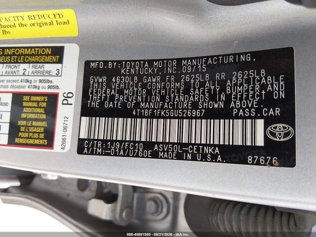 2016 Toyota Camry Le მანქანა იყიდება აუქციონზე, vin: 4T1BF1FK5GU526967, აუქციონის ნომერი: 45881580