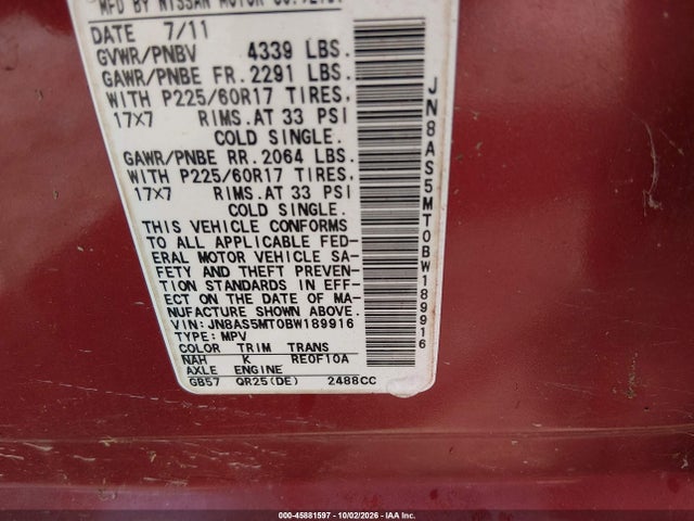 2011 Nissan Rogue Sv მანქანა იყიდება აუქციონზე, vin: JN8AS5MT0BW189916, აუქციონის ნომერი: 45881597