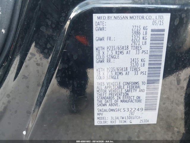 2015 Infiniti Qx60 მანქანა იყიდება აუქციონზე, vin: 5N1AL0MN5FC532249, აუქციონის ნომერი: 45881602