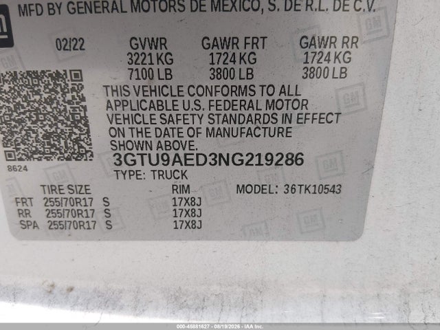 Aukcja sprzedaży 2022 Gmc Sierra 1500 Limited, vin: 3GTU9AED3NG219286, numer aukcji: 45881627