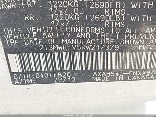 2024 Toyota Rav4 Hybrid Le მანქანა იყიდება აუქციონზე, vin: 2T3MWRFV5RW217379, აუქციონის ნომერი: 45881635